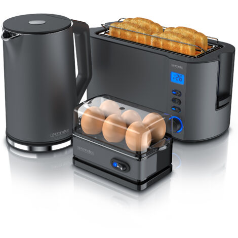 Arendo 3-teiliges Frühstücksset, Wasserkocher ELEGANT 1,5l, 4-Scheiben Toaster, 6er Eierkocher, Grau
