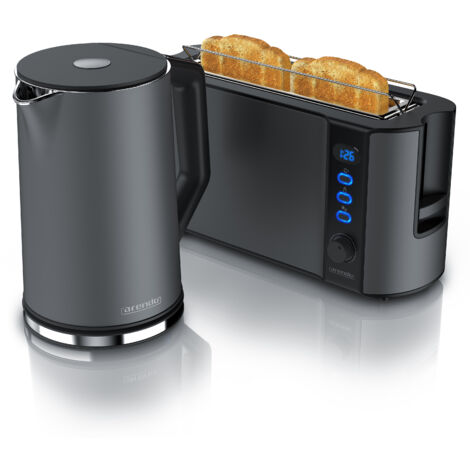 Arendo Frühstücks-Set, 1,5L Edelstahl Wasserkocher & 2-Scheiben Langschlitz Toaster, Grau