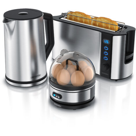 Arendo Frühstücks-Set, 1,5L Wasserkocher, 2-Scheiben Langschlitz Toaster, 7er Eierkocher, Silber