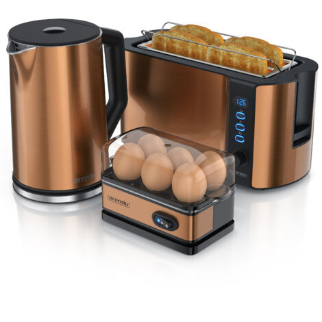 Arendo Frühstücks-Set, 4-Scheiben Langschlitztoaster, Wasserkocher 2200W, 6er Eierkocher, Kupfer