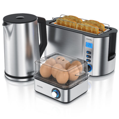 Arendo Frühstücks-Set, 8er Eierkocher EIGHTCOOK, Wasserkocher 1,5l, 4-Scheiben Toaster Langschlitz, Silber