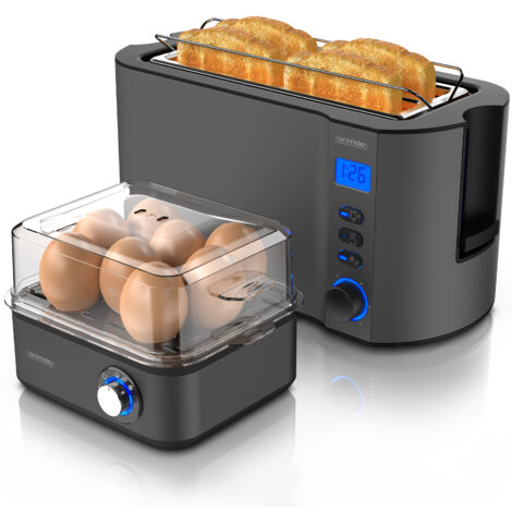 Arendo Frühstücks-Set, 8er Eierkocher + Langschlitz Toaster für 4 Scheiben, Grau