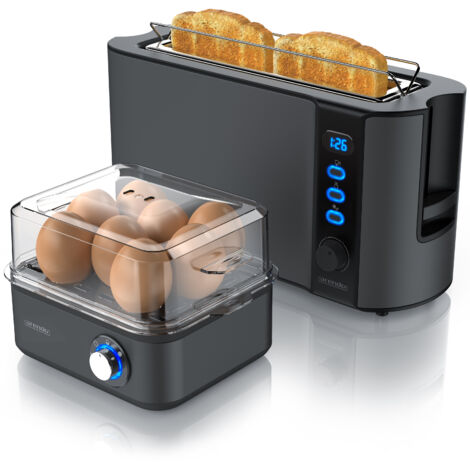 Arendo Frühstücks-Set, Eierkocher EIGHTCOOK, 2-Scheiben Langschlitz Toaster, Grau