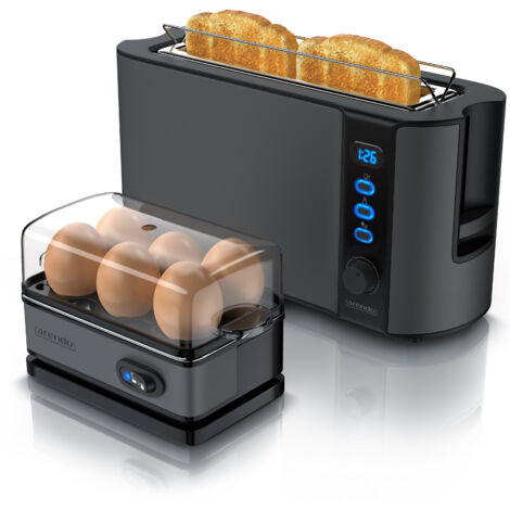 Arendo Frühstücks Set in Grau Edelstahl - Langschlitz Toaster und Eierkocher