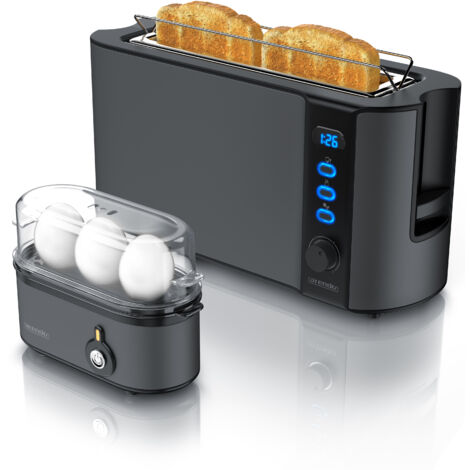 Arendo Frühstücks Set in Grau - Eierkocher und Edelstahl Langschlitz Toaster