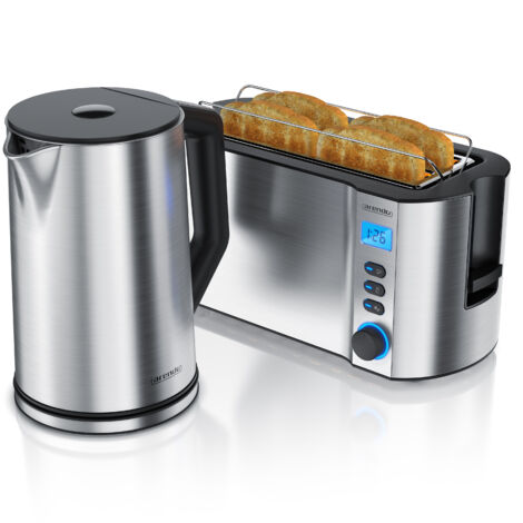 Arendo Frühstücksset 2-teilig, 4-Scheiben Langschlitztoaster MANHA + Edelstahl Wasserkocher 1,5l, Silber