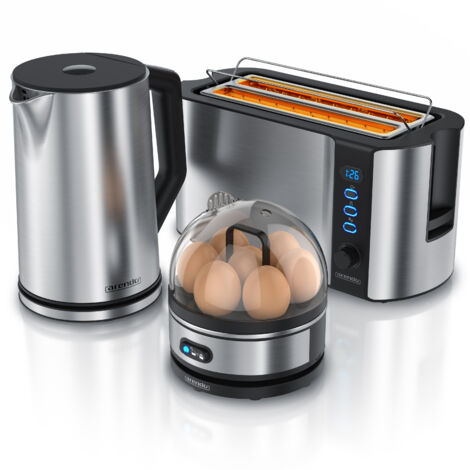 Arendo Frühstücksset 3-teilig, 1,5l Wasserkocher, 4-Scheiben Langschlitz Toaster, 7er Eierkocher, Silber
