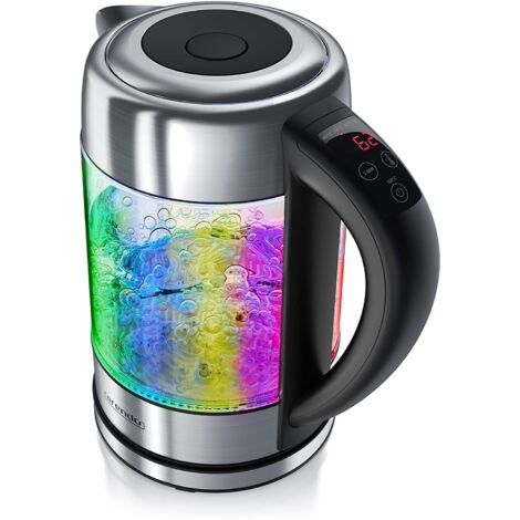 Arendo – Nuovo Bollitore elettrico LED RGB in acciaio inox e vetro con regolazione della temperatura - 1,7l - Funzione Sterilizza - BPA free – L’acqua si colora ad ogni soglia di temperatura – OFFERTA