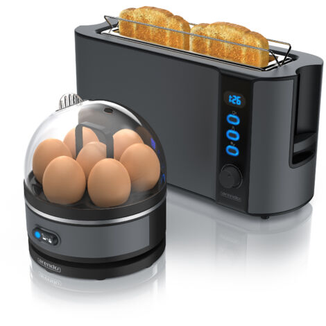 Arendo - SET Toaster FRUKOST mit Eierkocher SEVENCOOK Edelstahl Grau, Toaster 2 Scheiben, LED-Display, 6 Bräunungsgrade, Brötchenhalter - Eierkocher