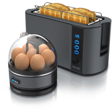 Arendo - SET Toaster FRUKOST mit Eierkocher SEVENCOOK Edelstahl Grau, Toaster 4 Scheiben, LED-Display, 6 Bräunungsgrade, Brötchenhalter - Eierkocher