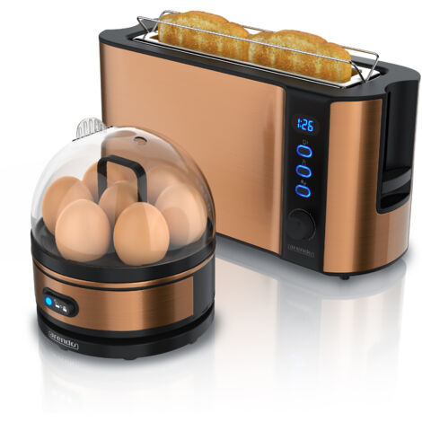 Arendo - SET Toaster FRUKOST mit Eierkocher SEVENCOOK Edelstahl Kupfer, Toaster 2 Scheiben, LED-Display, 6 Bräunungsgrade, Brötchenhalter - Eierkocher