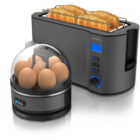Arendo - SET Toaster MANHA mit Eierkocher SEVENCOOK Edelstahl Grau, Toaster 4 Scheiben, LED-Display, 6 Bräunungsgrade, Brötchenhalter - Eierkocher 1-7