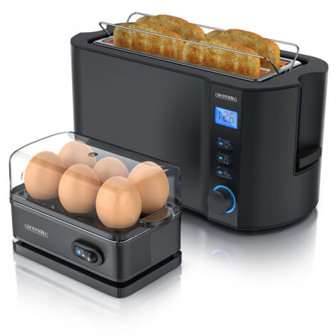 Arendo - Set Toaster MANHA mit Eierkocher SIXCOOK Edelstahl Schwarz, Toaster 4 Scheiben, LED-Display, 6 Bräunungsgrade, Brötchenhalter - Eierkocher