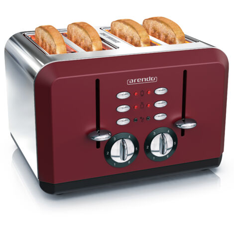 Arendo Toaster 4-Schlitz im Edelstahlgehäuse für 4 Scheiben, extrabreite Röstschlitze, leichte Reinigung, Rot