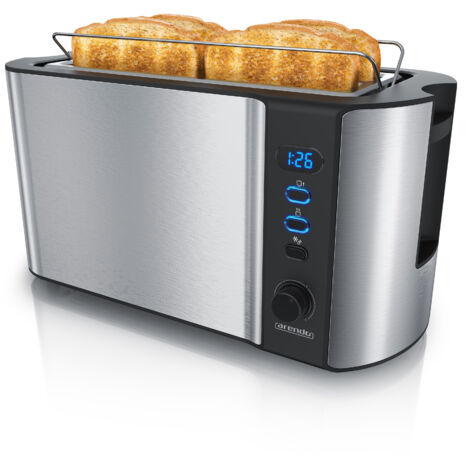 Arendo Toaster für 4 Scheiben, 1500W, Langschlitz, Wärmeisoliert, Brötchenaufsatz, Display, silber/schwarz