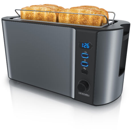 Arendo Toaster für 4 Scheiben Langschlitz, 1500W, mit Display, Doppelwandgehäuse wärmeisolierend, Brötchenaufsatz, Auftaufunktion, Grau