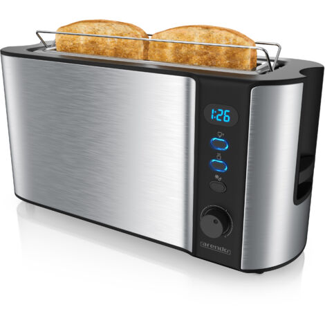 Arendo Toaster Langschlitz für 2 Scheiben, 1000 W, Brötchenaufsatz, Wärmeisoliert, Display, Edelstahl