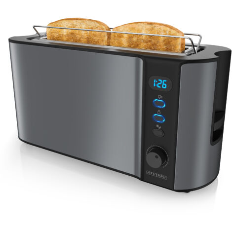 Arendo Toaster Langschlitz für 2 Scheiben, 1000 W, Brötchenaufsatz, Wärmeisoliert, Display, grau