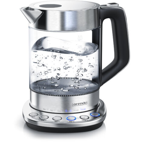 Arendo Wasserkocher 1,5 l, 2200 W, Edelstahl & Glas mit Basisstation, Temperatureinstellung 70° C - 100° C