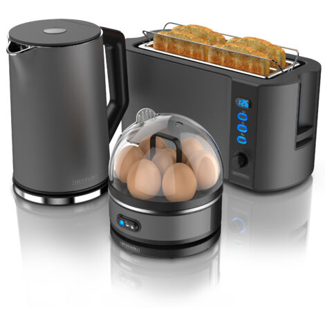 Arendo - Wasserkocher mit Toaster und Eierkocher SET Edelstahl Grau Wasserkocher 1,5L 40° - 100°C, Toaster 4 Scheiben LED-Display 6 Bräunungsgrade