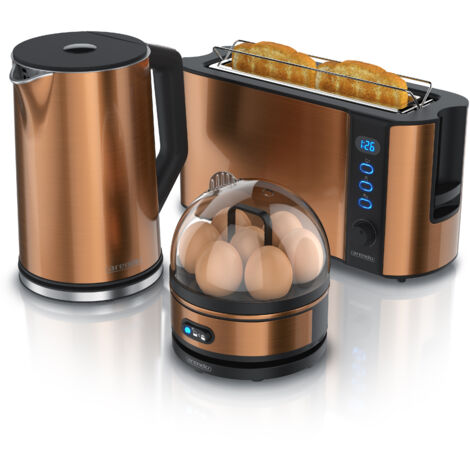 Arendo - Wasserkocher mit Toaster und Eierkocher SET Edelstahl Kupfer Wasserkocher 1,5L 40° - 100°C, Toaster 2 Scheiben LED-Display 6 Bräunungsgrade