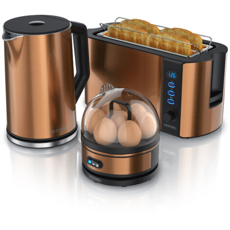 Arendo - Wasserkocher mit Toaster und Eierkocher SET Edelstahl Kupfer Wasserkocher 1,5L 40° - 100°C, Toaster 4 Scheiben LED-Display 6 Bräunungsgrade