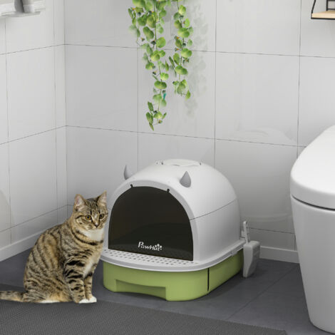 Arenero Cerrado para Gatos con Bandeja Extraíble Filtro de Carbono Pala y Asa Superior 40,5x52x39 cm Blanco y Verde