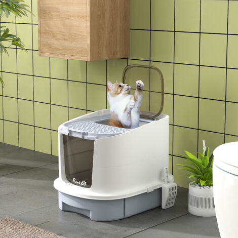 Arenero Cerrado para Gatos con Entrada Frontal Salida Superior Bandeja Extraíble y Pala 40,5x52,5x42,5 cm Blanco y Gris