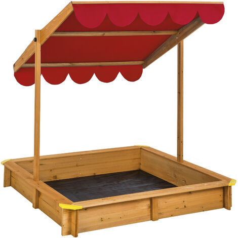 Arenero Emilia con cubierta ajustable 120x120x120cm - arenero de madera barnizada, arenero con tejado regulable impermeable, arenero con lona para suelo y bordillo - rojo