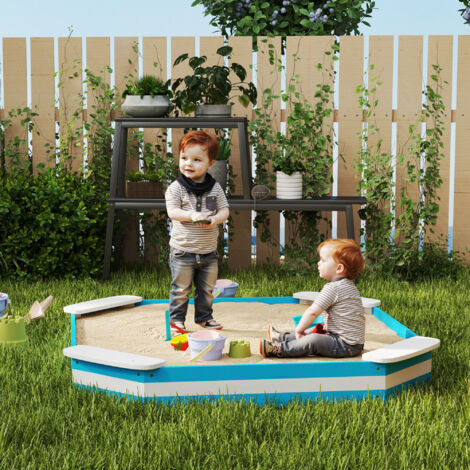 Arenero Infantil de Madera con 4 Asientos Diseño de Rayas y Base Protectora para Jardín 133x133x16 cm Azul y Blanco
