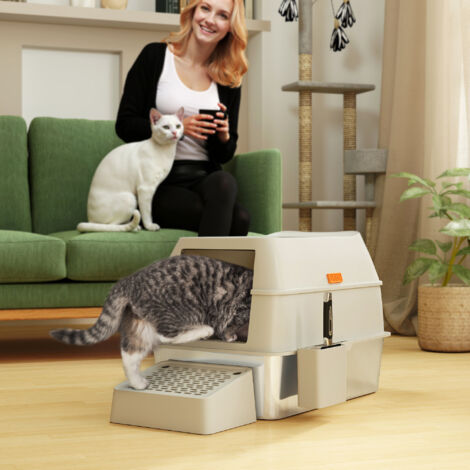 Arenero para Gatos Cubierto de Acero Inoxidable con Paso de Salida y Pala de Acero Inoxidable Gris Claro