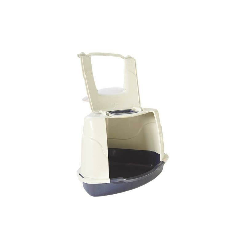 

Arenero triangular cerrado puerta abatible para gatos, incluye filtro de carbono, paleta y asa de transporte.