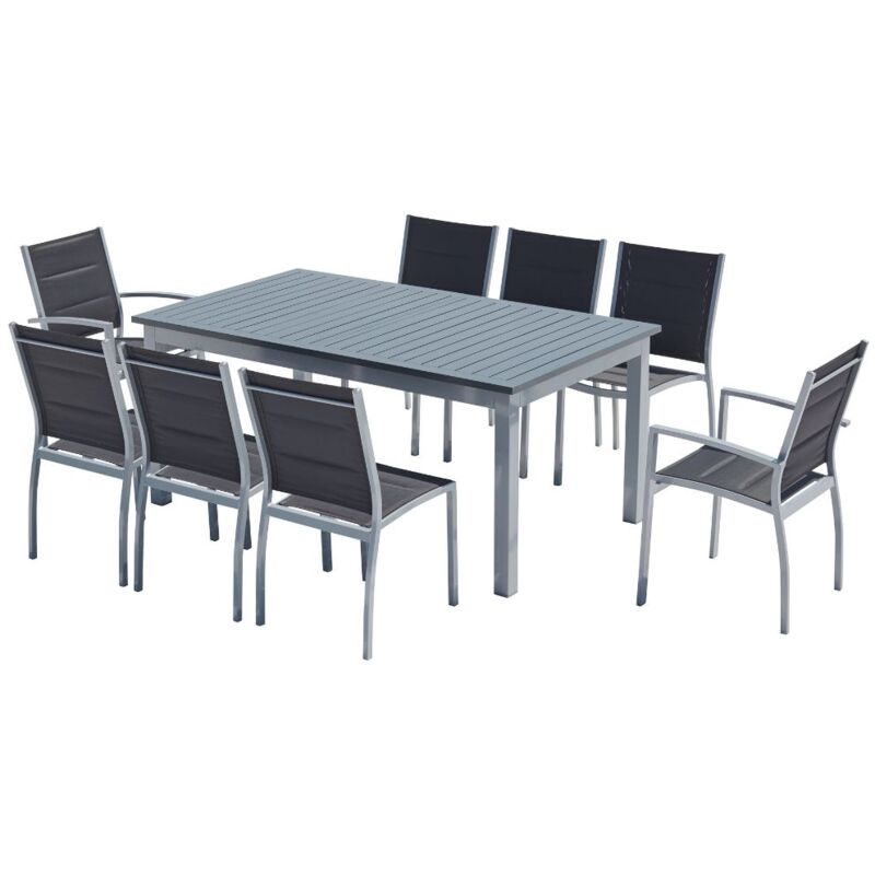 

Arezzo 8 gris: Conjunto de jardín extensible de aluminio + 8 asientos de textileno - Gris