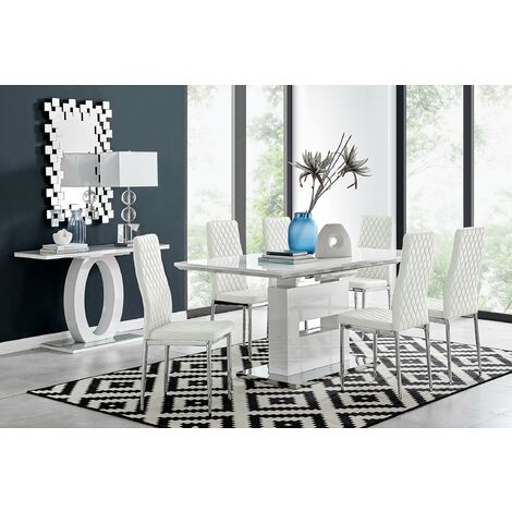 LIRA 120cm White Extending Dining Table and 6 Faux Leather Milan Dining  Chairs