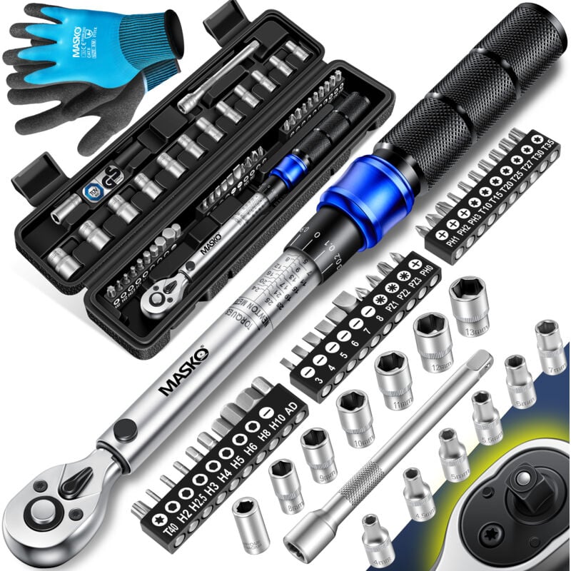 Clé dynamométrique 45 pces Auto Vélo & Moto 1/4 pouce 5-25Nm incl. gants Douille de bougie magnétique Douilles avec rallonge Noir / Bleu - Masko
