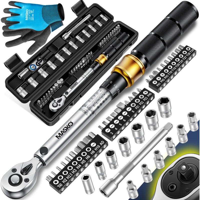 MASKO® Clé dynamométrique set de 45 pièces auto vélo & moto 1/4 pouce 5-25Nm incl. gants Douille de bougie magnétique Douilles avec rallonge Noir / Or