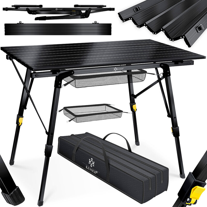 Table de camping pliante Table de camping avec cadre en aluminium Plateau de table enroulable Table pliante avec réglage de la hauteur y compris sac