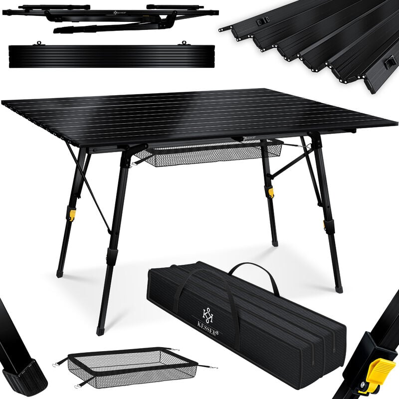Table de camping pliante Table de camping avec cadre en aluminium Plateau de table enroulable Table pliante avec réglage de la hauteur et sac de