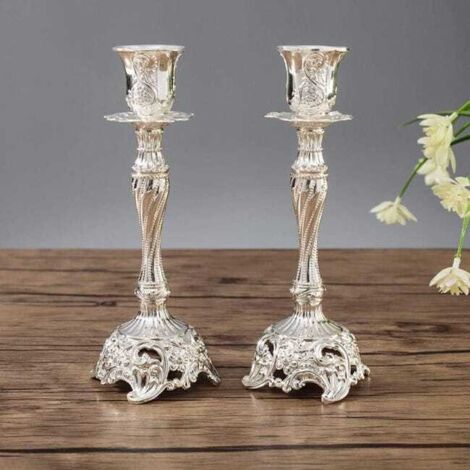Argenté-Lot de 2 Bougeoirs Chandeliers Candélabres en Argenté Métal Decoration, Vintage Bougeoir de Décoration de Table Mariage