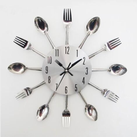 (Argenté)Horloge murale moderne en forme de ruban avec coutellerie ustensile de cuisine