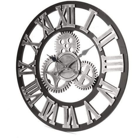 (Argenté)Horloge Murale Vintage en Bois 60cm - Argenté - Style Rétro 3D Engrenage en Métal