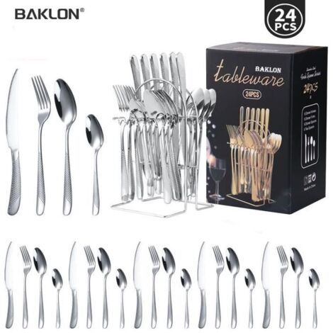 (Argent)Ensemble de couverts inox 24 pièces,Couverts de table 6 personnes,Comprend des couteaux/fourchettes/cuillères,Poli miroir