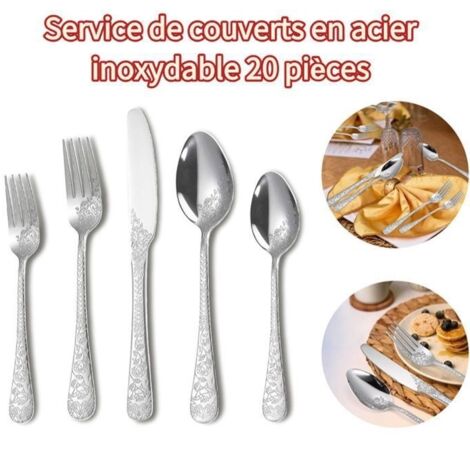 (Argenté)Set de couverts en acier inoxydable 20 pièces avec couteau/fourchette/cuillère pour 4 personnes, argenté