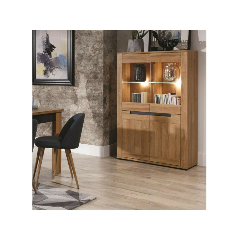 TMM - Argentier 4 portes Chêne/Gris à LEDs - cracovie - l 91 x l 39.5 x h 147 cm