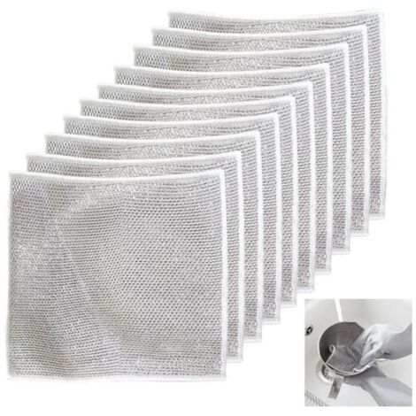 (Argent)Lot de 10 Torchons de Cuisine - Chiffon Torchon en fil d'acier Nylon de Nettoyage Double Couche Chiffon de Lavage de la Vaisselle