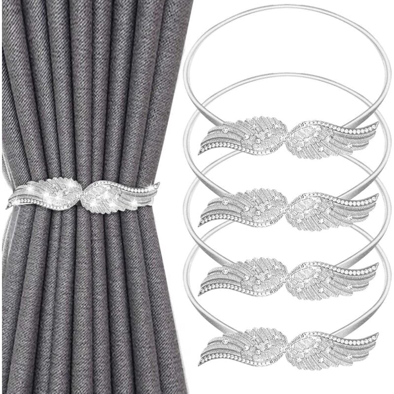 Linghhang - Argent)Lot de 4 Embrasses de Rideaux Simples, Attache Rideau Réglable avec Corde à Ressort en Métal pour Maison Chambre Salon Bureau