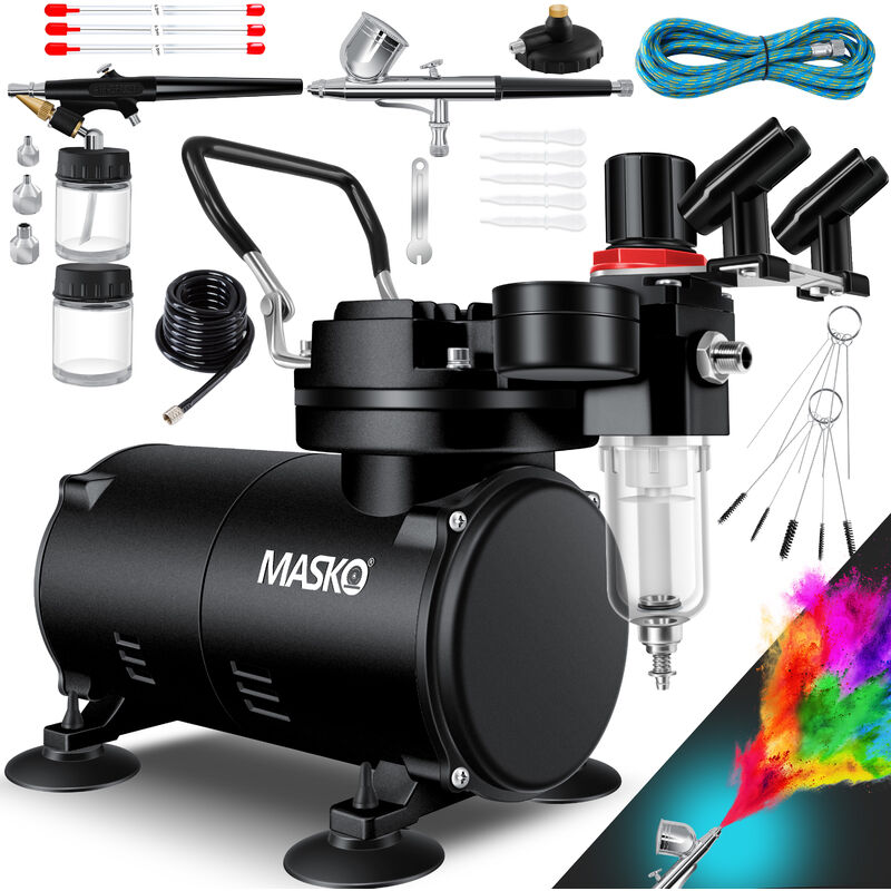 Image of MASKO® Set aerografo con compressore 4 bar incl. pistole aerografo pistola a spruzzo set completo pittura tattoo art aghi & ugelli in accessori nero