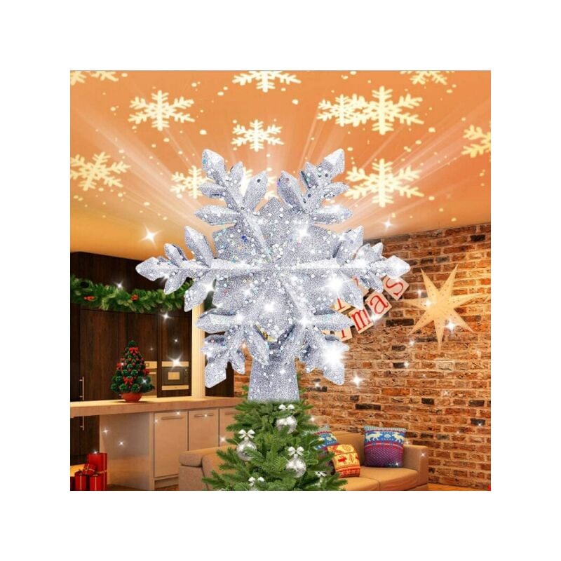 Image of (Argento) Luci a fiocco di neve per puntale per albero di Natale, con luci a LED rotanti per proiettore a fiocco di neve, decorazioni natalizie,