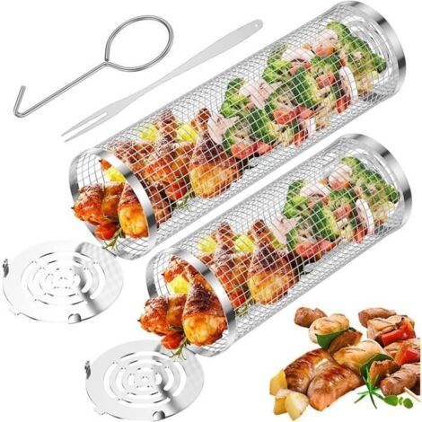 (Argent)Panier de Barbecue - Lot de 2 - Acier Inoxydable - Grillez Légumes, Poissons, Viandes - Design Roulant