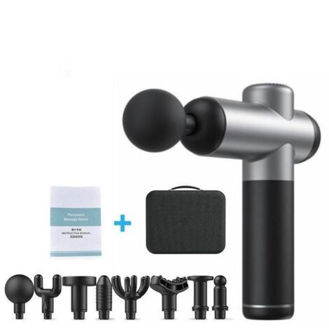 (argent)Pistolet à fascia réglable à 99 niveaux avec 8 têtes de massage, adapté pour soulager les douleurs musculaires du corps, argent